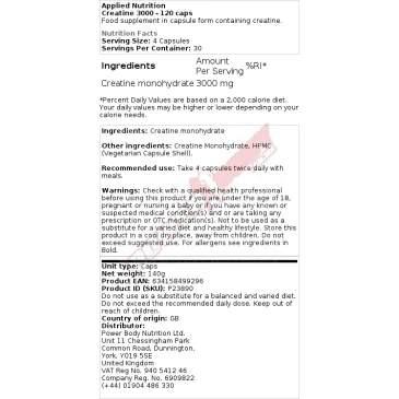 Creatine 3000 - 120 caps d'Applied Nutrition pas cher - Nutriwellness