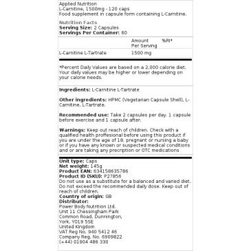 L-Carnitine, 1500mg - 120 caps d'Applied Nutrition - Nutriwellness