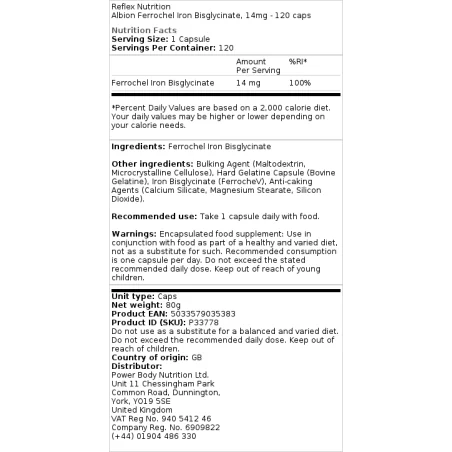 Albion Ferrochel Iron Bisglycinate, 14mg - 120 caps - Reflex Nutrition