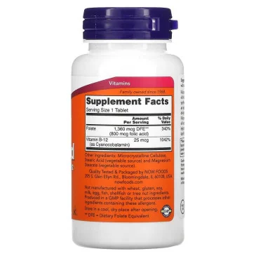 Folic Acid with Vitamin B12, 800mcg - 250 tablets de NOW Foods