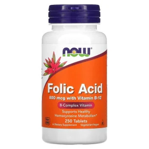 Folic Acid with Vitamin B12, 800mcg - 250 tablets de NOW Foods