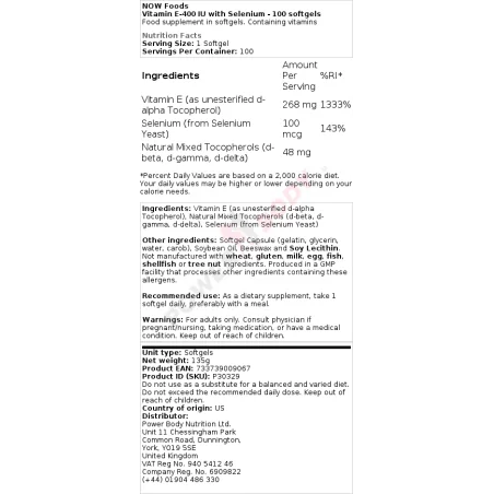 Vitamin E-400 IU with Selenium - 100 softgels - NOW Foods