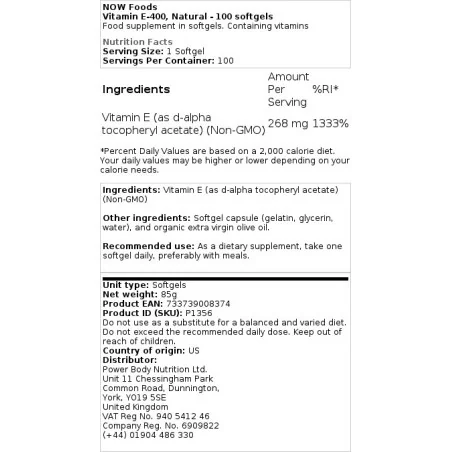 Vitamin E-400 - Natural - 250 softgels - NOW Foods