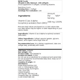 Vitamin E-400 - Natural - 100 softgels - NOW Foods