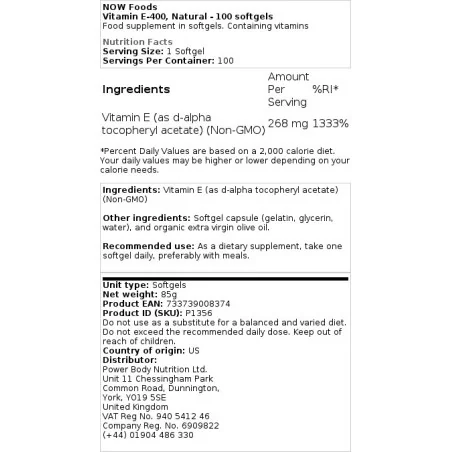 Vitamin E-400 - Natural - 100 softgels - NOW Foods