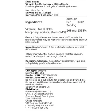 Vitamin E-400 - Natural - 100 softgels de NOW Foods pas cher