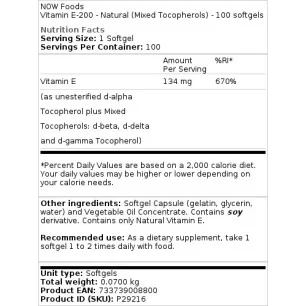Vitamin E-200 - Natural (Mixed Tocopherols) - 100 softgels - NOW Foods