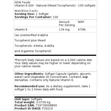 Vitamin E-200 - Natural (Mixed Tocopherols) - 100 softgels NOW Foods