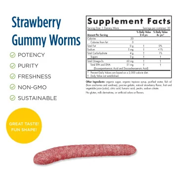 Nordic Omega-3 Gummy Worms, 63mg Strawberry - 30 gummy worms
