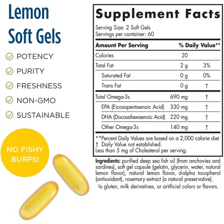 Omega-3 - 690mg Lemon - 120 fish gels - Nordic Naturals