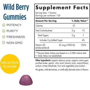 Vitamin D3 Gummies - 1000 IU Wild Berry - 120 gummies - Nordic Naturals