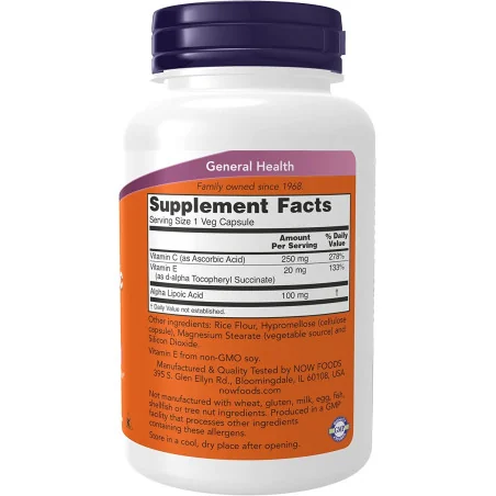 Alpha Lipoic Acid with Vitamins C & E - 100mg - 60 vcaps - NOW Foods