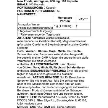 Astragalus, 500mg - 100 caps de NOW Foods pas cher - Nutriwellness