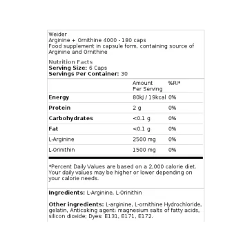 Arginine + Ornithine 4000 - 180 caps Weider pas cher - Nutriwellness