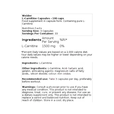 L-Carnitine Capsules - 100 caps de Weider pas cher - Nutriwellness