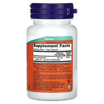 Zinc Picolinate - 50mg - 30 vcaps NOW Foods pas cher - Nutriwellness