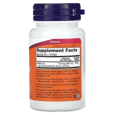 Vitamin D-3 - 400 IU - 180 softgels - NOW Foods