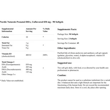 Prenatal DHA - 830mg Omega-3 + 400 IU D3 Unflavored Nordic Naturals